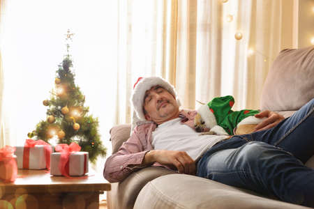 Man sleeping with his dog at Christmas parties on a sofa in a noel outfit with background decorated with tree and gifts.の写真素材