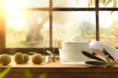 Natural skin cream with olive extract with branch and olives on wood table with window background...