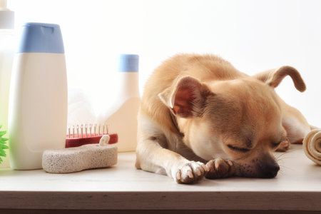 Dog grooming background chihuahua relaxed after bath and grooming products around. Front view. Horizontal composition.の写真素材