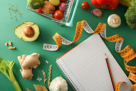 Preparation of ingredients for healthy cooking with notepad and vegetables on green table and measuring meter. Healthy food concept for slimming and weight control. Top view. Horizontal composition.の写真素材