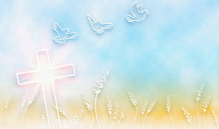 Religious illustration background with cross in a wheat field and doves flying around.