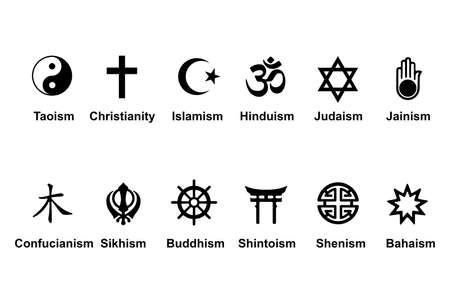 Collection of the most relevant religious symbols in the world in black with an isolated white backgroundの写真素材