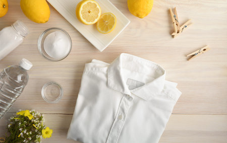 Alternative clothes cleaning products on wooden table with clothes and isolated background....