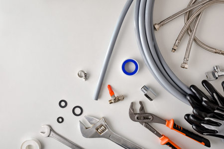 Group of plumbing materials and tools on white workbench. Top view. Landscape composition.