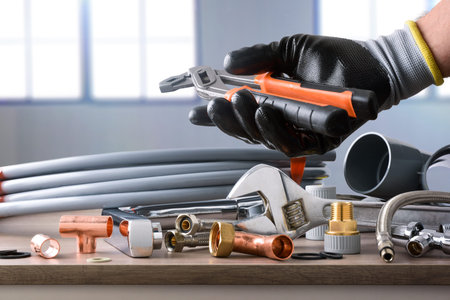 Sample of plumbing materials and tools on workbench and hand showing parrot beak pliers. Top view....