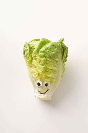 Fresh lettuce bud with face on white isolated background. Vegetables child healthy eating conceptの写真素材