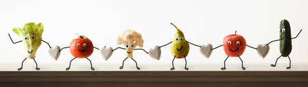 Healthy eating concept with fruits and vegetables with smiling eyes holding hands by a wooden heart. Frontview.の写真素材