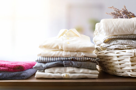 Clean clothes folded on a wooden shelf in a room on a wooden shelf in bedroom. Frontview. Landscape...