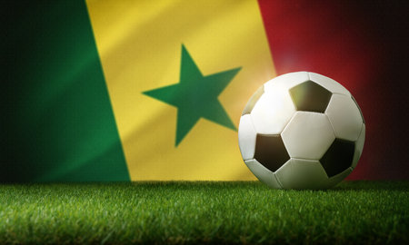 Senegal national team composition with classic ball on grass and flag in the background. Frontview.の写真素材
