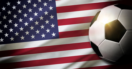 United States national team composition with classic ball on grass and flag in the background. Top view.の写真素材