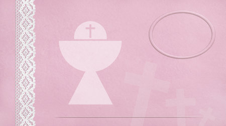 First Communion pink reminder background with lace detail and background religious motifs with space for text or name.の写真素材