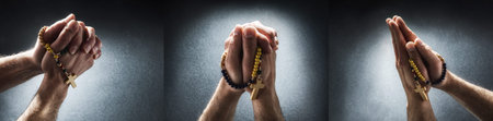 Praying man with hands with palms together contrasted with beam of light on dark isolated gradient...