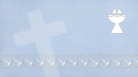 Textured blue reminder illustration of the first communion with detailed border with anchors and chalice in a corner and background.の写真素材
