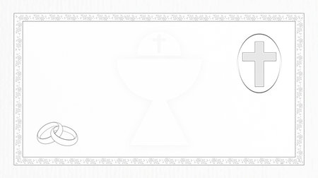Illustrative religious wedding background with textured white paper effect with designs of catholic cross rings and chalice with floral frameの写真素材