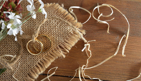 Detail of two gold rings on sackcloth on a rustic wooden table with straw and a bouquet of flowers....