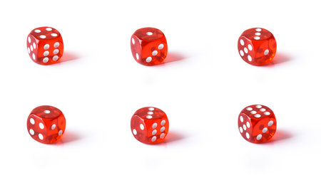 Set of Set of red dice isolated on white background showing three of their faces in various positions. Elevated view.の写真素材