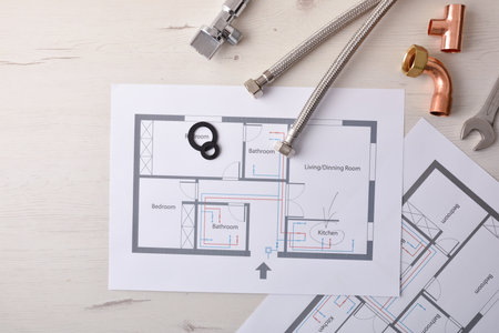 Engineering and development in installations and reforms of water in houses with diagrams and plans on an office table and various material elements. Top view. Horizontal composition.の写真素材