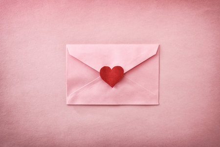 Retro background with closed pink envelope with red heart cutout on pink textured background. Top view.の写真素材