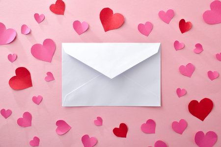 White envelope in the center on a pink background with paper cutouts of pink and red hearts around....