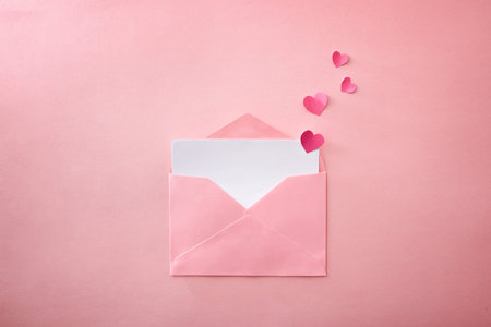Open pink envelope with empty white sheet with heart cutouts coming out on pink textured background....