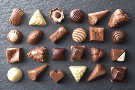 Background with assortment of dark and milk chocolate placed in a pattern on a slate plate. Top...