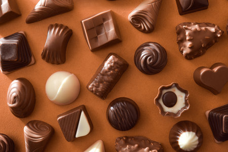 Assortment of chocolate bonbons on a brown background. Top view.の写真素材