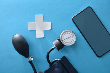 Concept of communication and health consultation via internet on blood pressure control with blood...