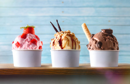 Three glasses of ice cream with strawberry, vanilla and chocolate balls decorated on a wooden table...
