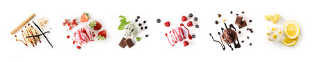 Assortment of ice cream balls decorated with fruits and syrups isolated white. Top view.の写真素材