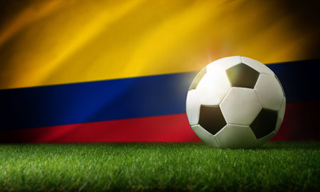 Colombia national team composition with classic ball on grass and flag in the background. Top view.の写真素材
