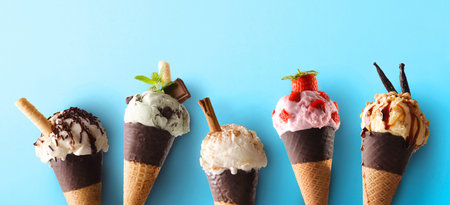 Five ice cream cones of various flavors in a row with cone with chocolate on blue background.
