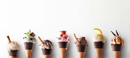 Assortment of ice cream cones of various flavors in a row with cone with chocolate on white...