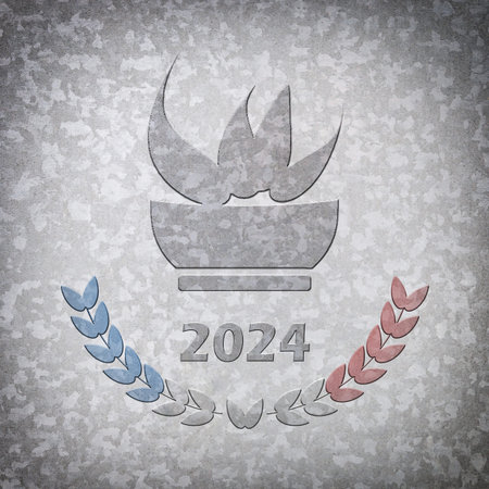 Background of sporting event in france with laurels of french year flag colors and cauldron on metal...