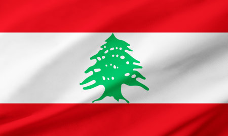Background detail of Lebanon flag occupying the entire frame with waving fabric texture.の写真素材