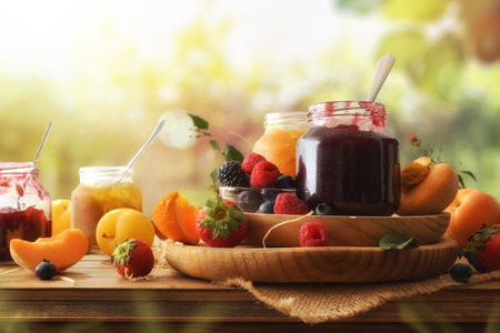 Several jars of jam of various flavors with different fruits on a rustic wooden table with a background of crops in nature. Front view.の写真素材