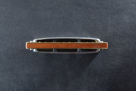 Back of metal and wood diatonic harmonica isolated on textured black base. Top view.