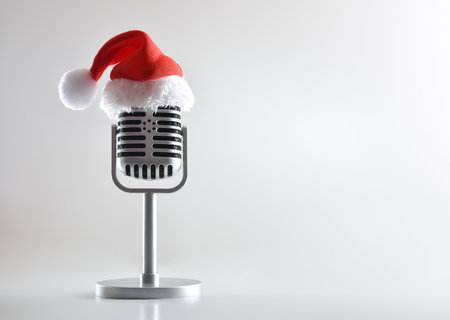 Retro metal microphone with stand and Santa hat on top on white table and white isolated background. Front view.の写真素材