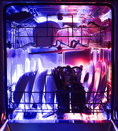 Detail of the interior of a stainless steel dishwasher with two wire shelves filled with crockery, cutlery and kitchen utensils illuminated with blue and red backlighting. Front view.の写真素材