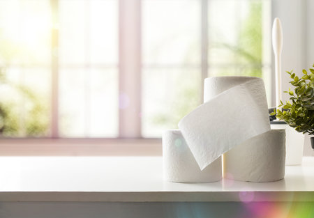 Stack of white toilet paper rolls on white cabinet with toilet brush and plant in a bright bathroom with windows in the background. Front view.の写真素材