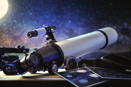 White telescope on wooden table with tools pointing at a starry sky at night. Rear view.の写真素材