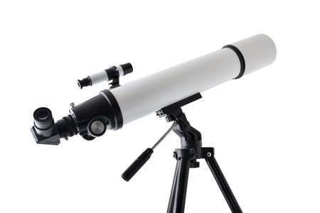 Side view of a white telescope with eyepiece and finder scope mounted on black tripod isolated on...