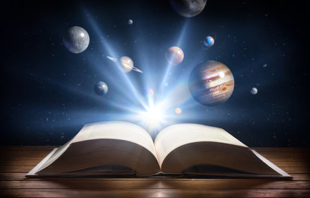 Concept of knowledge and awareness of stars and universe with a wooden table with an open book and suspended planets with a background of the universe with stars and a flash of light in the background.の写真素材