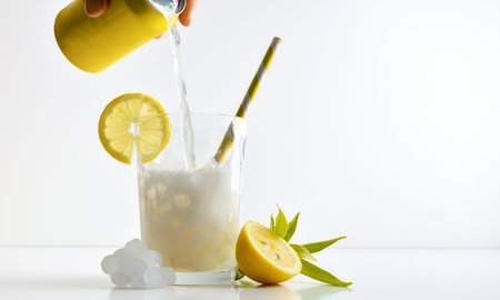 Refreshing lemon drink with ice in a glass cup decorated with a straw and a slice of fruit on a...