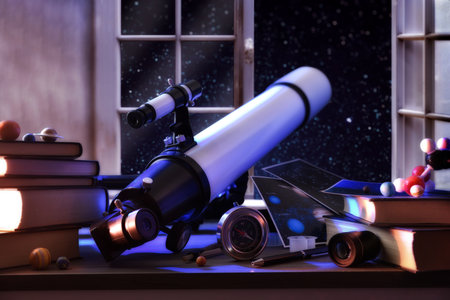 Astronomical study with telescope on wooden table with tools and study books focusing on the sky through a window in a room. Front view.の写真素材