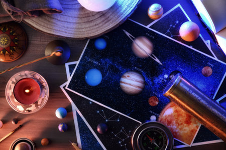Concept of exploring planets, stars and constellations with table with images of stars and decorative objects. Top view.の写真素材