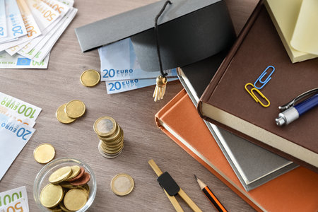 Education spending concept with mortarboard on stack of books and money on wooden table. Top view.の写真素材