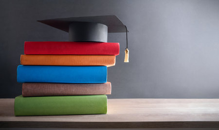 Graduation and education concept with mortarboard on stack of books with multi-colored spines on wooden table and dark isolated background. Front view.の写真素材