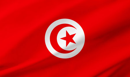Background detail of Tunisia flag occupying the entire frame with waving fabric texture.の写真素材