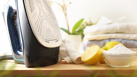Homemade natural products for cleaning the soleplate of a steam iron and iron on a wooden table and background with shirts and a plant isolated on white. Front view.の写真素材