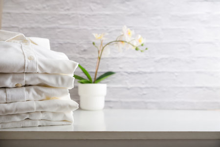 stack of clean, ironed, folded, and freshly laundered white shirts on white wooden furniture with orchid in the background and white brick wall. Front view.の写真素材